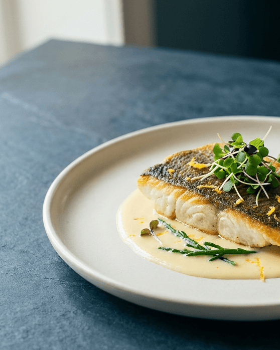 Filet de poisson saisi servi sur une purée crémeuse, dressé à table dans une lumière douce