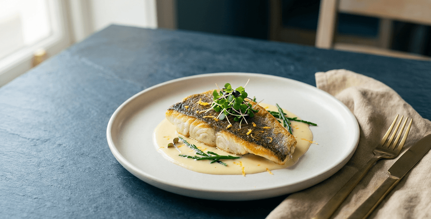 Filet de poisson saisi servi sur une purée crémeuse, dressé à table dans une lumière douce